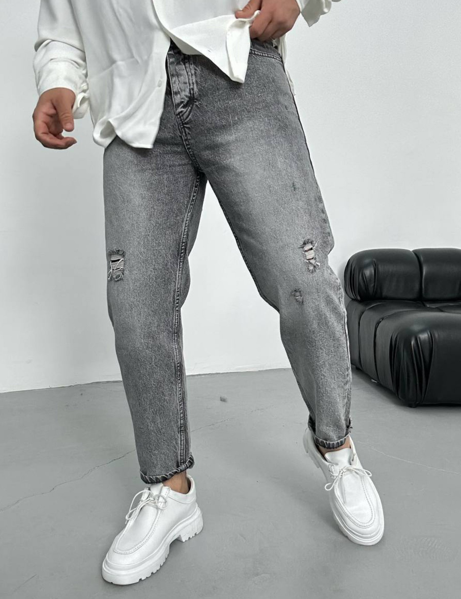 WE11 Ανδρικό γκρι ξεβαμμένο loose τζιν πεντάτσεπο με φθορές WE2390